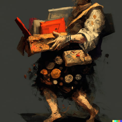 A person carrying a box of random items, in da Vinci style, trending on Artstation / DALL-E