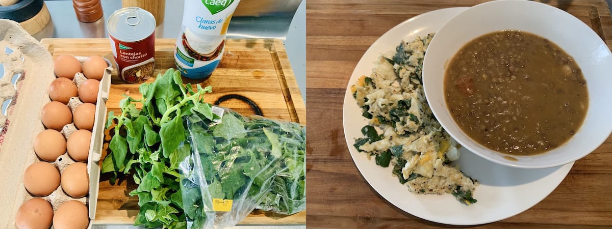 Eggs and egg whites with lentils and spinach