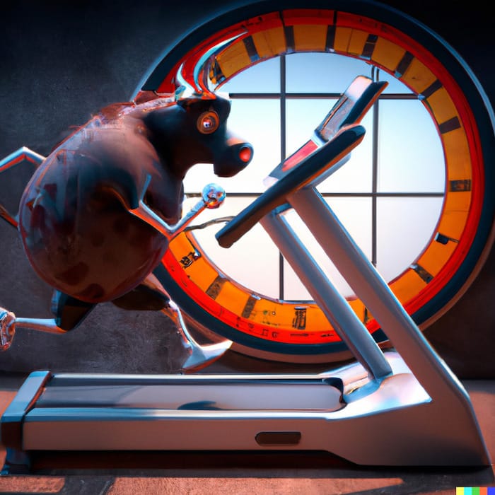 A bull's eye with legs running on a treadmill, digital art