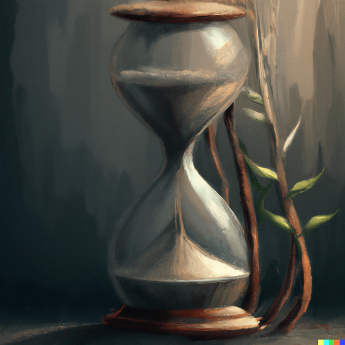 An hourglass next to a wilted plant, digital art