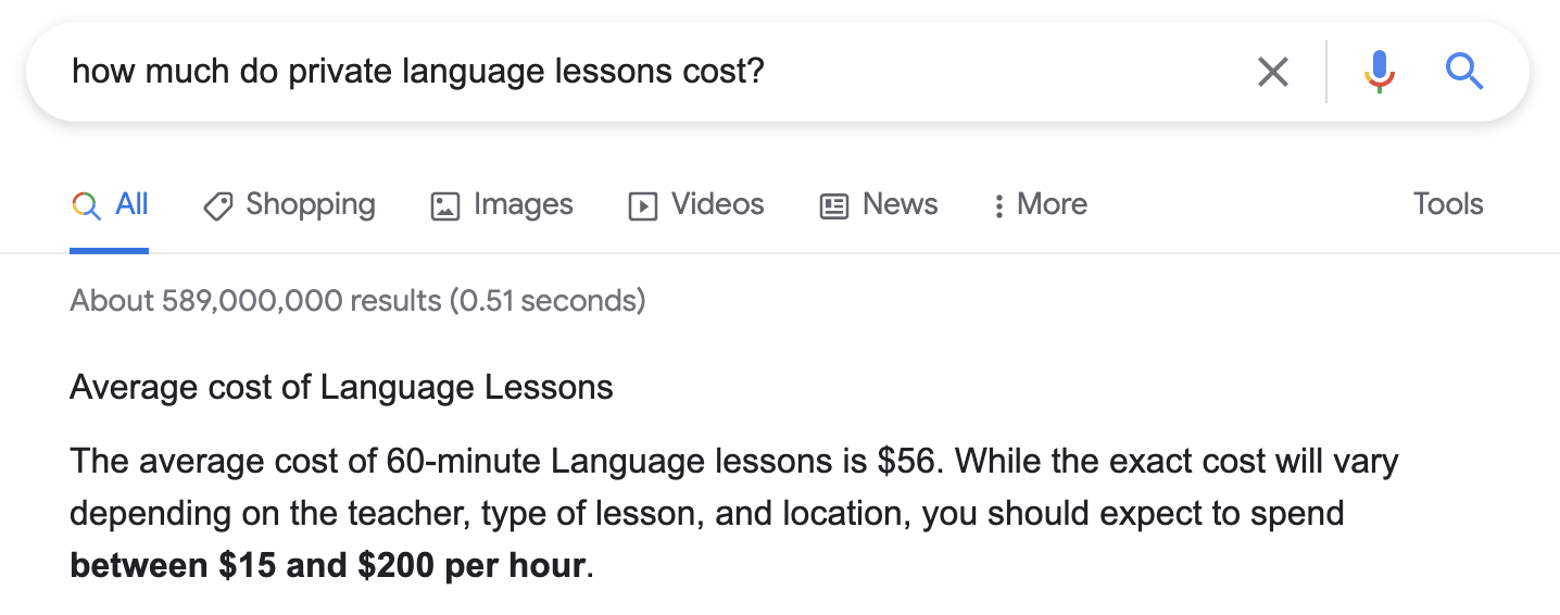 Cost of private language lessons