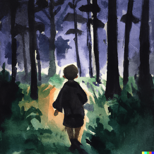 A silhouette of a boy walking alone through the woods in the evening, watercolor, realistic