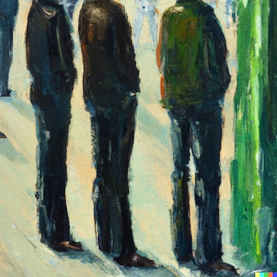 An oil painting of two strangers standing next to each other, waiting in line